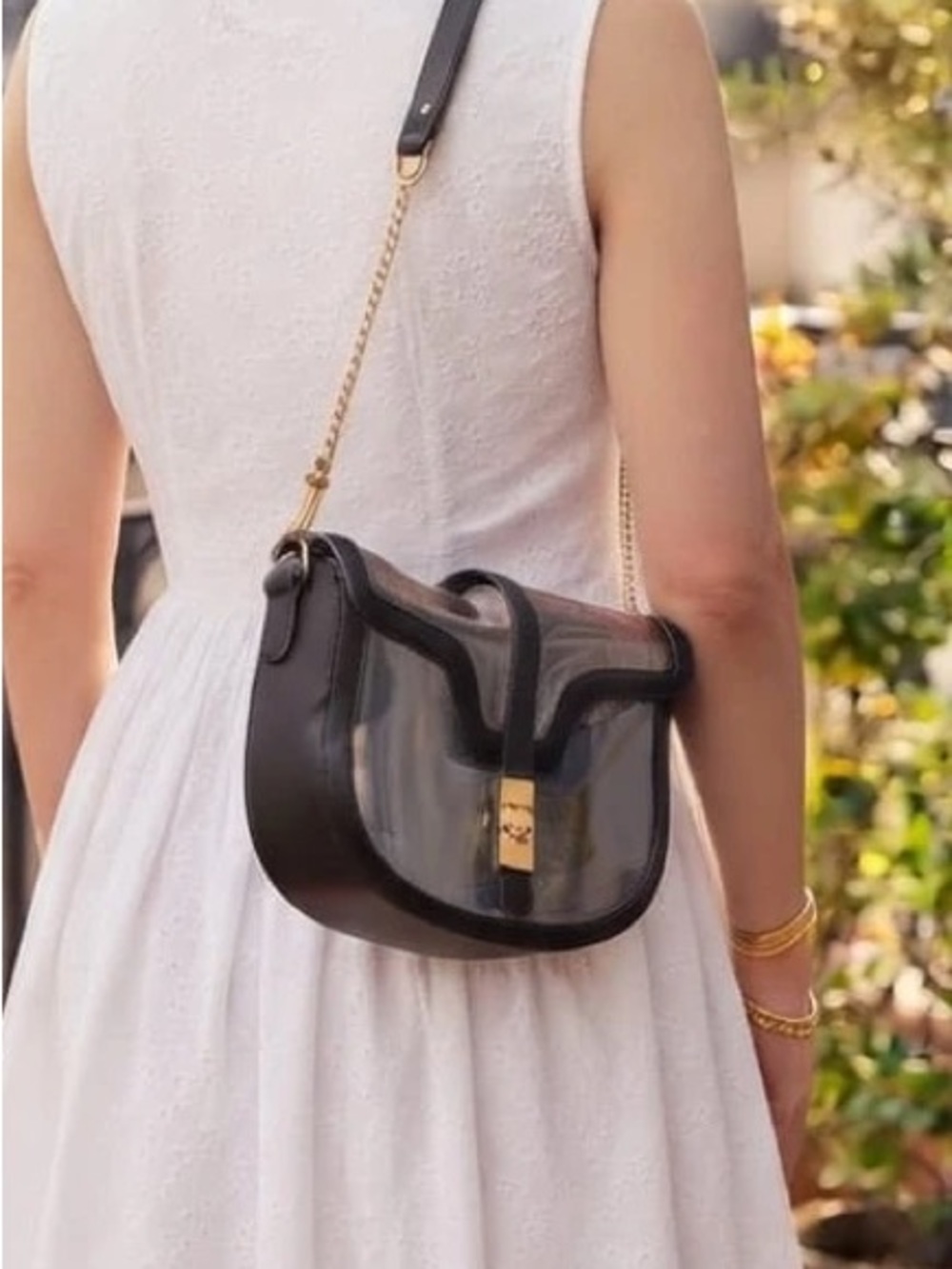 Black Clear Crossbody Saddle Bag with Gold Hardware